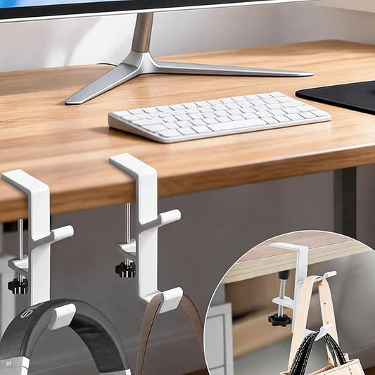 Desk Mount Bag Holder Hook Clamp,On Backpack Hanger Portable Desk Mount Headphones Holder for Reduce Desk Clutter Table Desk Table Hanging Storage (2 Pcs-Double Hook White)