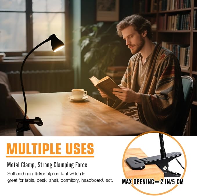 CRI 90+ Eye-Care Clip Light for Reading, 6W Small Clamp Lamp for Desk, Flexible Gooseneck Clip Lamp for Bed Headboard with 3 Color Modes & 10 Brightness(Adapter Include)