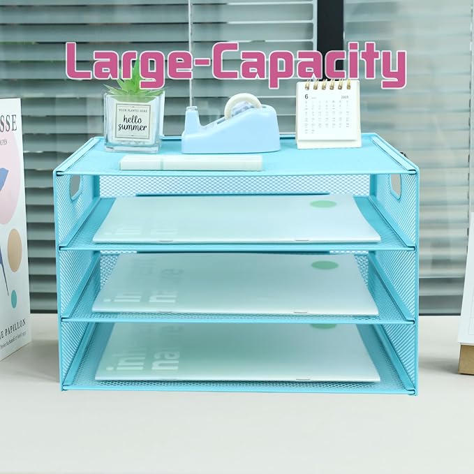 3 Tier Lettrer Tray Organizer, Metal Mesh Desk File Organizer with Sliding Trays, Paper Sorter Desk Organizer for Home Office School, Blue