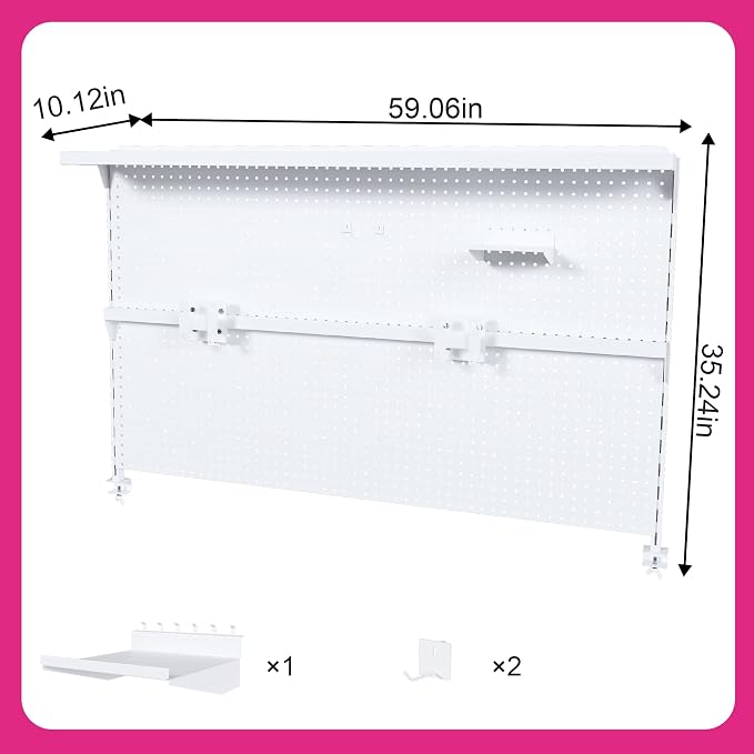 Clamp-On Metal Desk Pegboard with Dual Monitor Stand–No Drilling Needed! 59x35 Inch Steel Privacy Panel with Hooks & Movable Partition, Peg Board Wall Organizer for Gaming & Office
