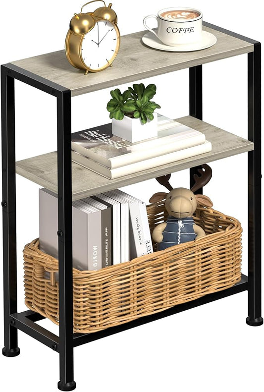 Narrow Side Table for Small Space, 2-Tier Small End Table with Shelf Holder, Slim Nightstand, Skinny Snack Couch Table in Living Room, Bedroom, Study, Kitchen and Balcony (Greige)