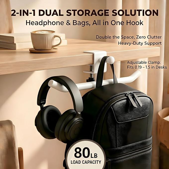 Desk Hook for Bag, Adjustable Purse Hook for Table (1-4cm/0.39-1.45in), Heavy Duty Carbon Steel Backpack Hanger, 80lb Capacity Clamp-On Bag Holder for Office, Classroom, Cafe, Home, and Gaming (White)