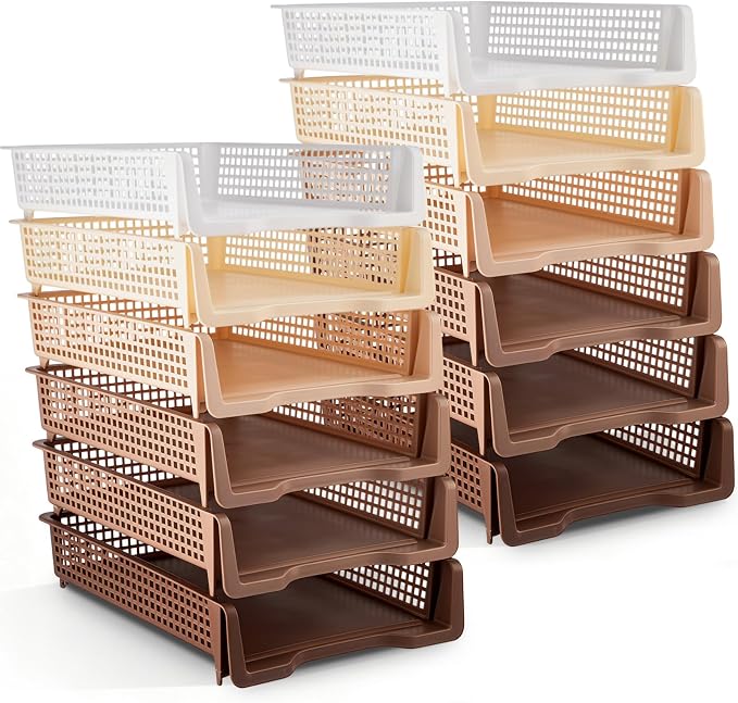 Geetery Set of 12 Plastic Trays for Teachers Turn in Trays Classroom Stackable Paper Tray Plastic Classroom Teachers Desk Letter Organizer Storage Baskets for Office, Desk, Home (Gradient Brown)