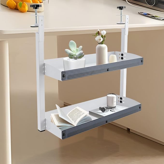 Clamp-on Desk Shelf, Desktop or Under-Desk 2-Tier Shelving Unit with Adjustable Metal Storage Tray, Clip-on Desk Shelf Office Organization (White)