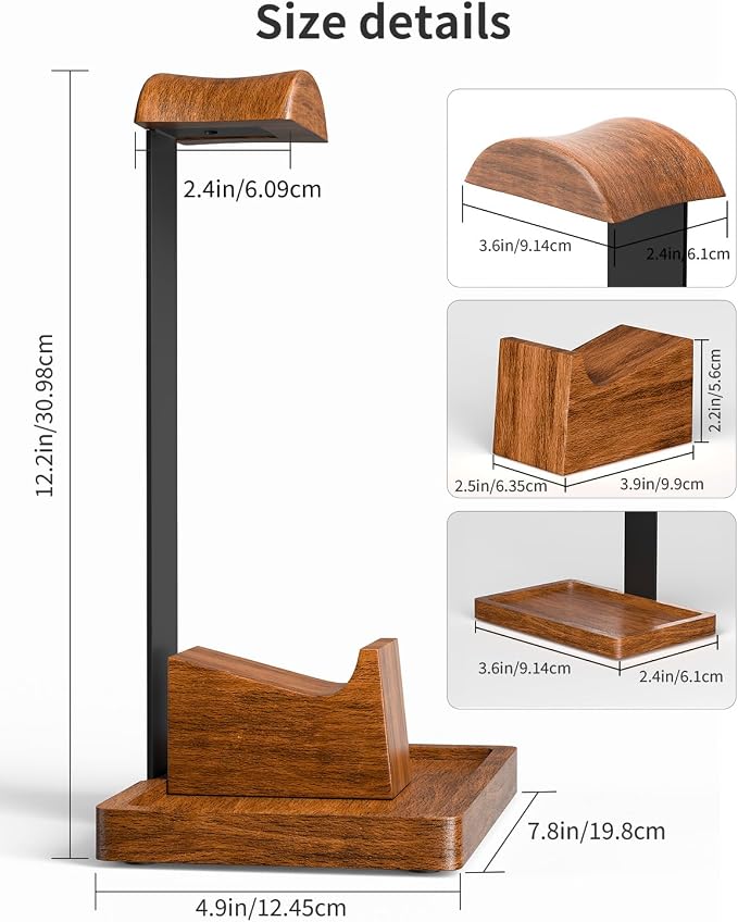 Headphone Stand and Controller Holder, 2-in-1 Walnut Wood Gaming Desk Organizer Compatible with Controllers, Display Mount for AirPods Max, Bose, Sennheiser, Gift for Gamers