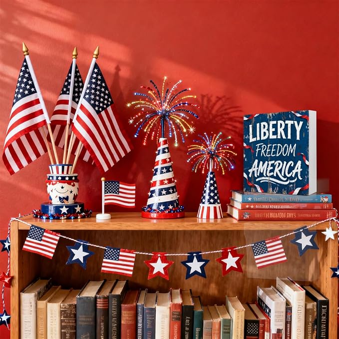 Patriotic Wooden Box Sign,Liberty Freedom America 4th Of July Signs Home Decor,Independence Memorial Day Block Sign for Desk Shelf Tabletop Decor