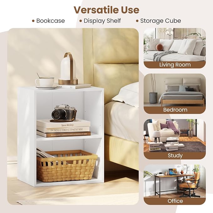 2 Cube Storage Organizer, 21" Small Bookcase with 5-Position Adjustable Panel, Under Desk Bookshelf, Modern Display Shelf, Wooden Cube Shelf for Home Office Bedroom (White)