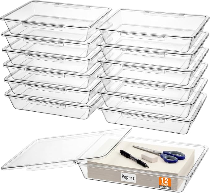 Tinlade 12 Pcs Classroom Paper Storage Bins with Clear Latching Lid, Label Stackable Letter Size Flat Tray Container for Teacher Back to School Supplies Home Office Desk Arts Crafts (Clear,13x10in)