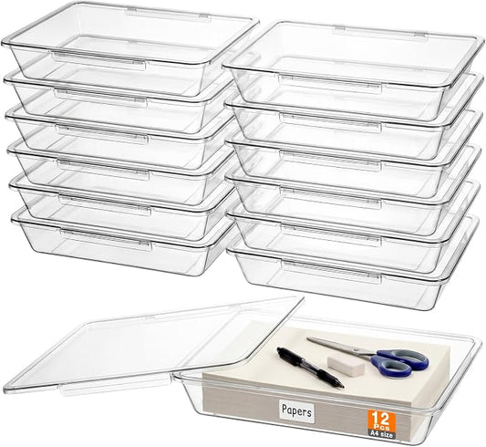Tinlade 12 Pcs Classroom Paper Storage Bins with Clear Latching Lid, Label Stackable Letter Size Flat Tray Container for Teacher Back to School Supplies Home Office Desk Arts Crafts (Clear,13x10in)