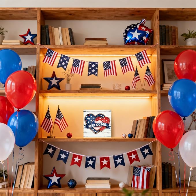 Patriotic Wooden Box Sign,Welcome Heart 4th Of July Signs Home Decor,Independence Memorial Day Block Sign for Desk Shelf Tabletop Decor