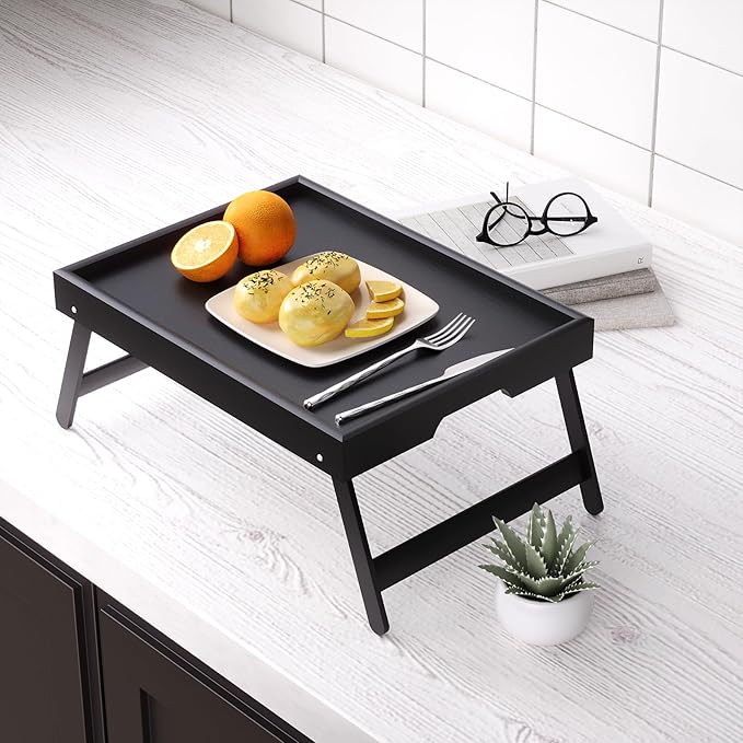 Fibogollo 4 Pack Bamboo Bed Tray Table with Folding Legs,Breakfast Trays,Serving Tray,Laptop Trays for Working,Food Snack Tray for Bed and Sofa(Black)