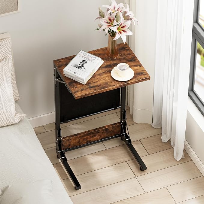 Folding TV Tray Table, 28.8" Tall C-Shaped Side Table for Couch and Bed, Slide Under Sofa Side Desk with Storage Bag - Sturdy Metal Frame Tray for Living Room, Bedroom, Home & Office (Rustic Brown)