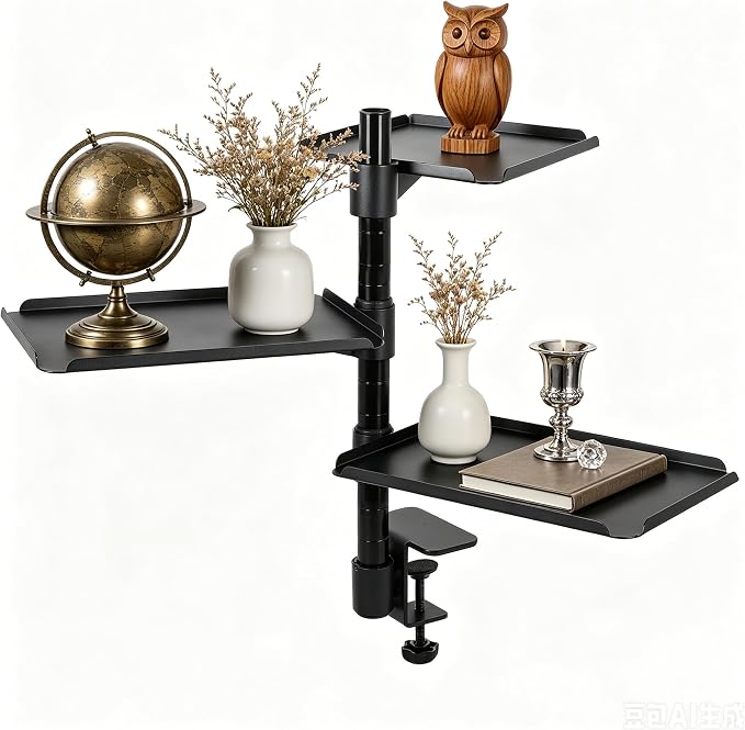FAHKNS 3 Tier Desk Extender, Desk Clamp Shelf, 360° Rotatable & Height-Adjustable Clamp on Desk Shelf for Study/Office/Kitchen/Game Room, Maximum Desktop Thickness 2.2 Inch