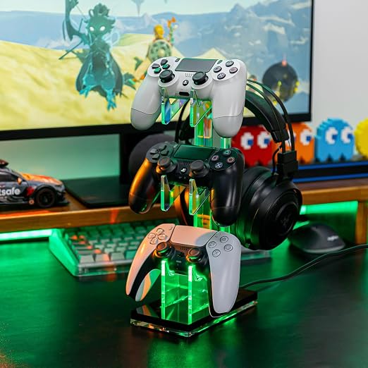 OAPRIRE Controller Holder Headset Stand with Lights, 3 Tier Acrylic Gaming Controller Stand Compatible with PS4, PS5, PC, Switch, Universal Design (Black)