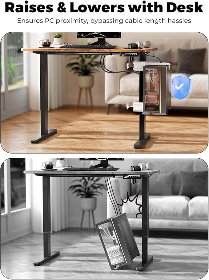 JOY worker No Drilling Under Desk PC Mount for Standing Desk, Clamp-On Desk Leg Computer Mount with Extra Protective Arms, Adjustable Computer Case CPU Holder Holds Up to 44lbs, White