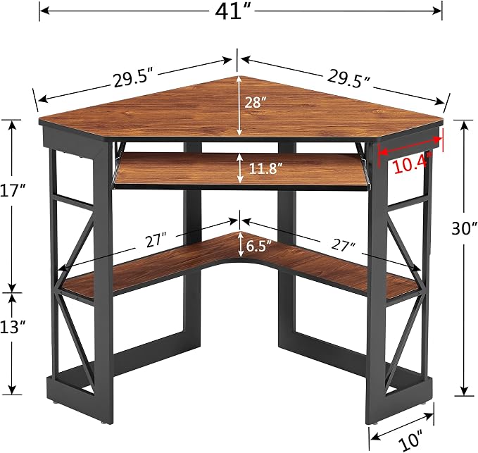 VECELO Corner Desk Computer Desk Writing Table with Smooth Keyboard Tray & Storage Shelves,Compact Home Office Triangle Table,Teak