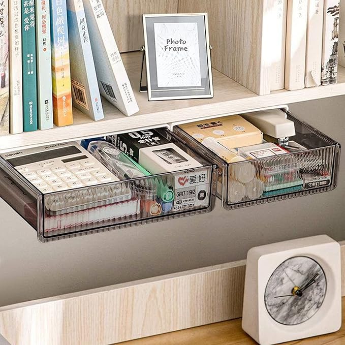 2Pcs Under Desk Storage Drawers Slide Out,Large&Medium, Stick On Desk Drawer Organizer Hidden Under Table Drawer for Home Office School Organization and Storage-Transparent Black