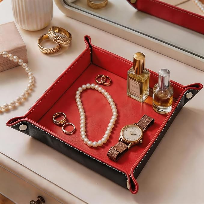 Valet Tray Desktop Storage Organizer – Vegan Leather Catchall Tray Bedside Vanity Tray Nightstand Caddy Holder for Remote Controller, Watch, Keys, Phone, Wallet, Coin, Jewelry, Red