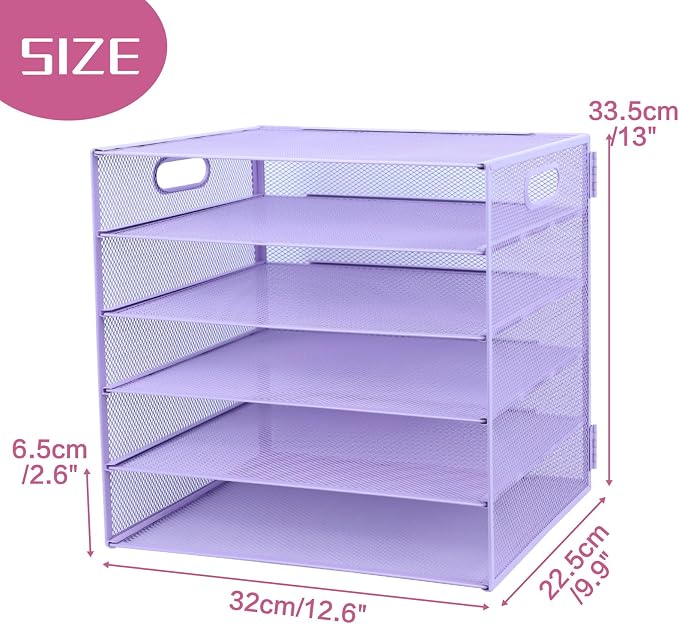 5 Tier Lettrer Tray Organizer, Metal Mesh Desk File Organizer with Sliding Trays, Paper Sorter Desk Organizer for Home Office School, Purple
