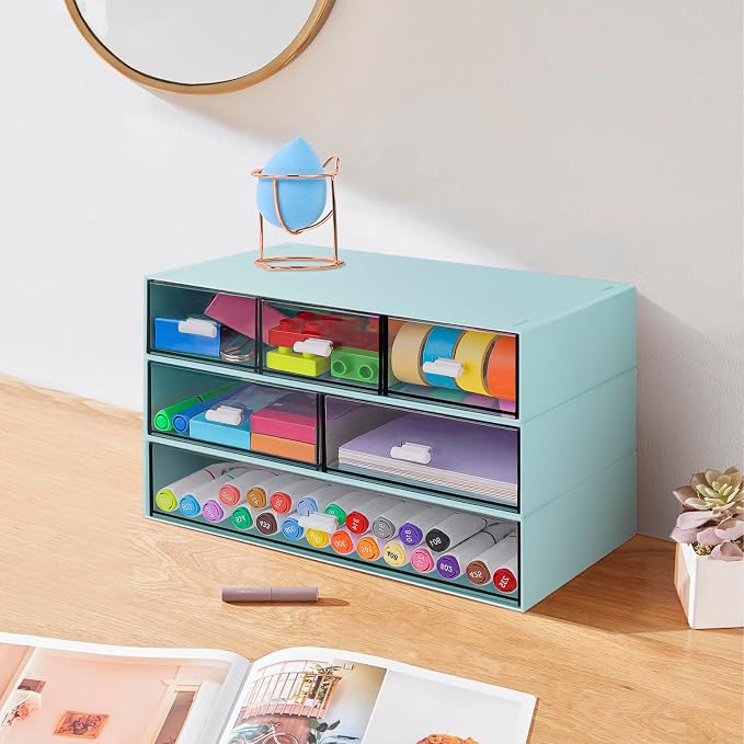 3 Tier Stackable Desk Organizer with 6 Drawers, YOCOMEY Plastic Desktop Storage Box Drawers, Detachable Makeup Storage Office Stationery Supplies Organizer for Office School(New Green)