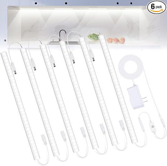 6PCS x 12 inch LED Under Cabinet Lighting 6500K, Dimmable Under Counter Lights for Kitchen, Shelf, Workbench, Cupboard Lighting, Plug-in Under Cabinet Lights with Memory Function, Cold White