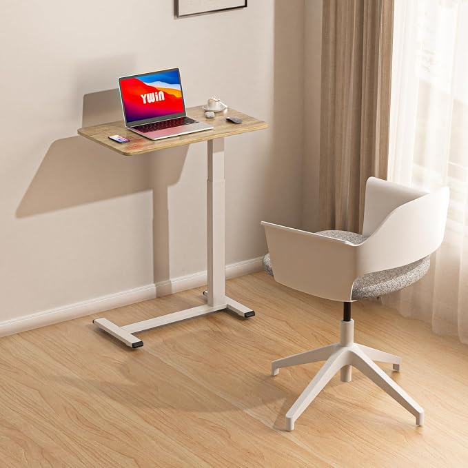 Ywin Medical Overbed Bedside Table with Wheels, Pneumatic Rolling Standing Desk Laptop Desk Computer Overbed Table, Hospital Bed Table for Couch, Hospital, Home, Office Use (Light Rustic Brown)