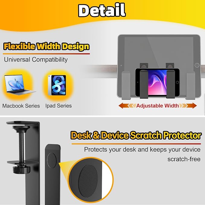 Adjustable Desk Side Laptop Mount, No Drill Clamp on Laptop Holder, Metal Hanging Notebooks Holder, Punch-Free Clamp for MacBook Pro, Documents with Anti-Scratch Silicone