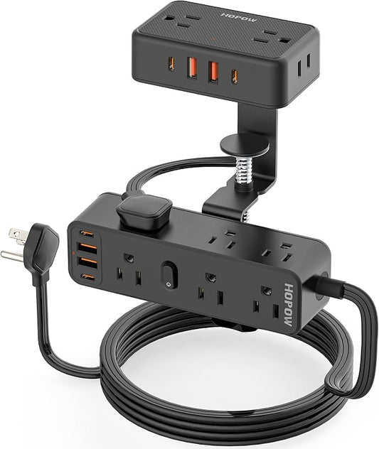 HOPOW Dual Layer Desk Clamp Power Strip with 13 AC Outlets 8 USB (4 USB C), Fit 2.75" Tabletop, Desktop Edge Mounted Surge Protector (1700J),10 Ft Extension Cord, Desk Outlet for Office Home, Black