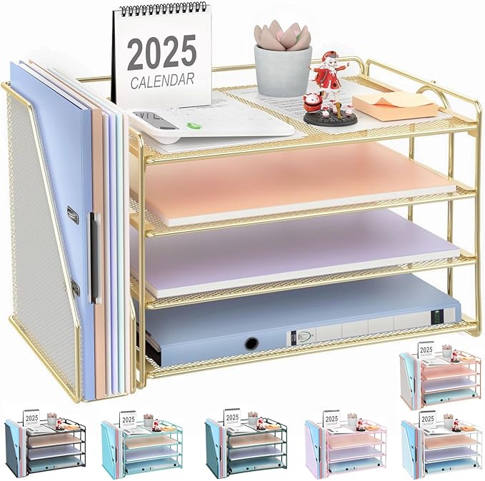 gianotter 4-Tier Paper Organizer With Magazine Holder, Desk Organizers and Accessories, Desk Accessories & Workspace Organizers, File Organizer for Office Supplies Storag (Gold, 4-Tier)