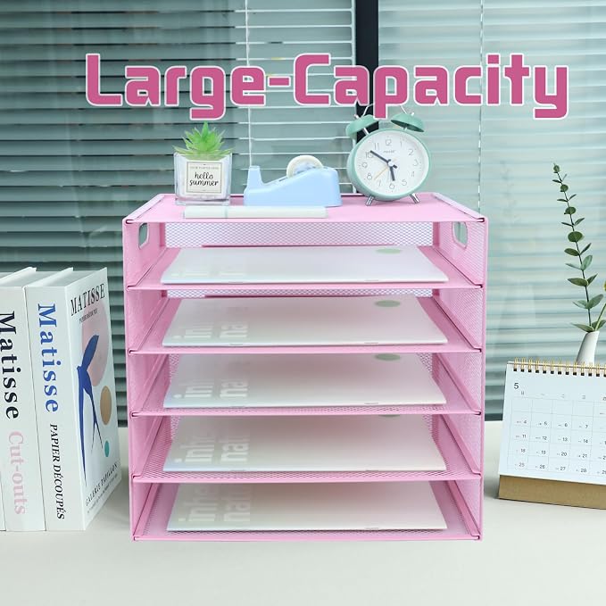 5 Tier Lettrer Tray Organizer, Metal Mesh Desk File Organizer with Sliding Trays, Paper Sorter Desk Organizer for Home Office School, Pink