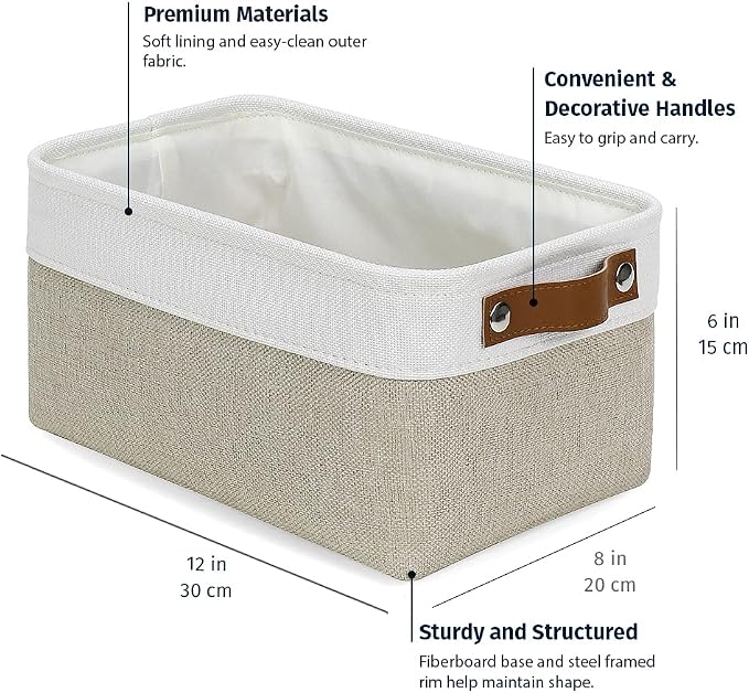 OrganiHaus 12x8in Canvas Storage Baskets 3 Pack | SMALL Fabric Bins for Shelves | Pantry & Bathroom Organizer | Beige/Off-White