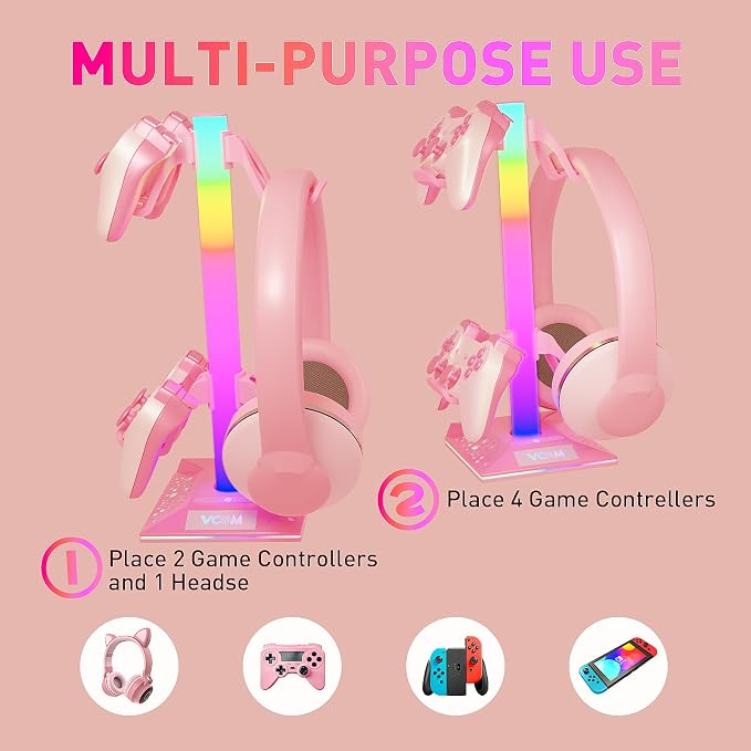 VCOM RGB Gaming Headphones Stand with 2 USB Ports, Pink Headset Stand with 10 Light Modes and Non-Slip Rubber, Suitable for PC Desk Accessories Gamers Gift(Pink)