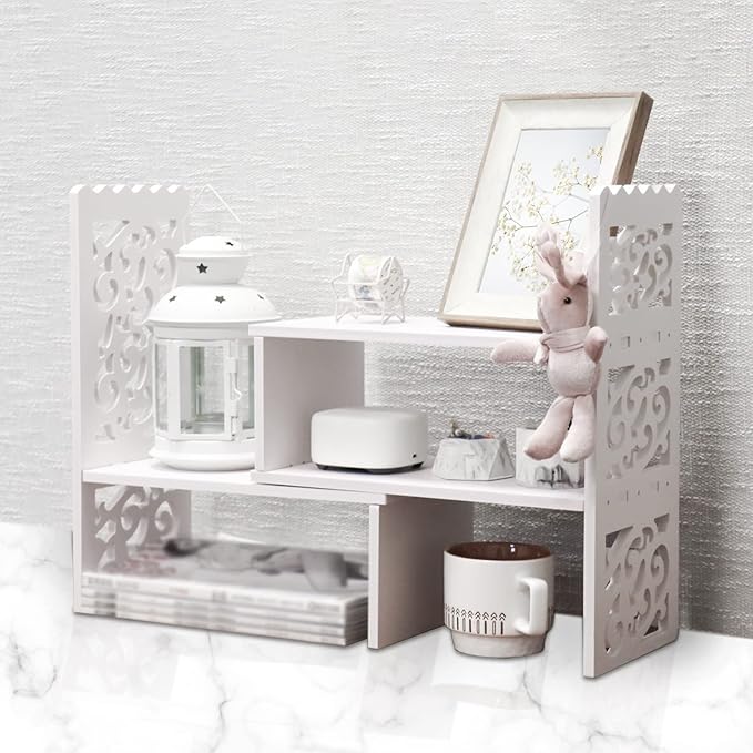 MASAKA B&W - Kawaii Storage Desktop Organizer for Your Desk Space, Double H Plants Display Shelf, Home Office Storage Rack Adjustable Stackable for Office, Dormitory (White*09)
