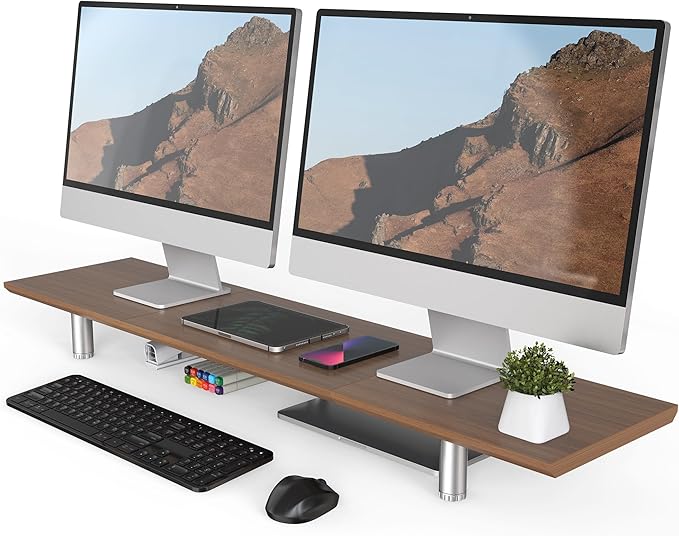 Fenge 39.4 Inch Dual Monitor Stand, Height Adjustable Monitor Riser Stand for Desk, Wooden & Steel Monitor Shelf for 2 Computers up to 99lbs, Stable Desk Organizer for PC Laptop TV, Brown