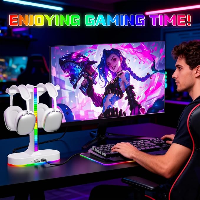 Cool RGB Headphone Stand with Charging Station - Sleek Dual Headset Holder, 3 USB Ports & 3.5mm Audio, 8 Light Modes | Ultimate Gaming Gift for Men, Boyfriend, Teen Boys - Modern White Design