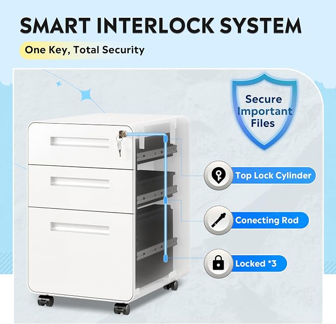 DEVAISE 3-Drawer Metal File Cabinet with Lock, Mobile Filing Cabinet Under Desk for Home Office, Fully Assembled Printer Stand fits Letter/Legal Size, 20" D x 15.8" W x 25" H, White