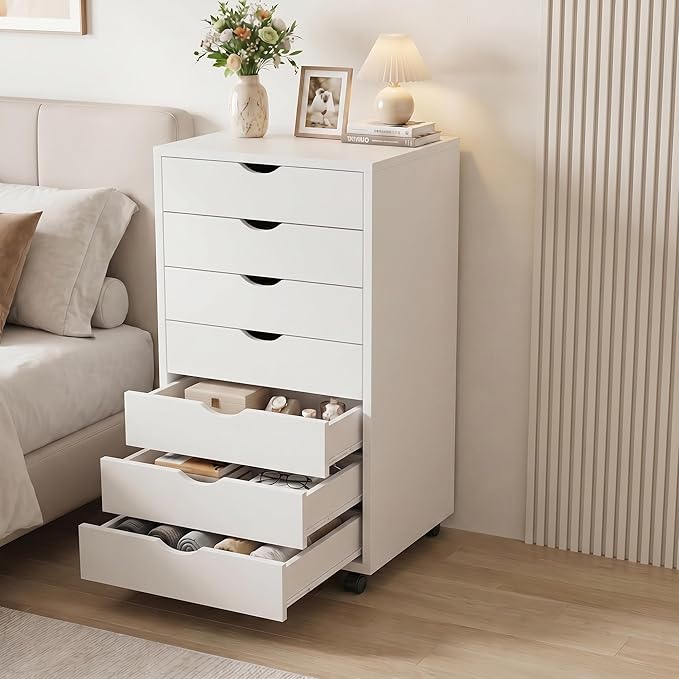7 Drawer Mobile File Cabinet Under Desk Storage Organization with Wheels Vertical Filing Chest Rolling Wood Small Desk Printer Stand for Home Office, White
