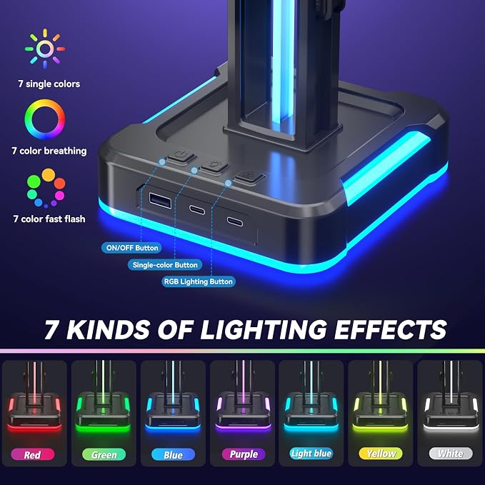 KDD RGB Headphone and Controller Stand with 2 Type-C and 1 USB Ports - Headset Stand with 9 Light Modes - Controller Headset Holder for Desk - Gaming headphone Holder for Gift and PC Room Accessories