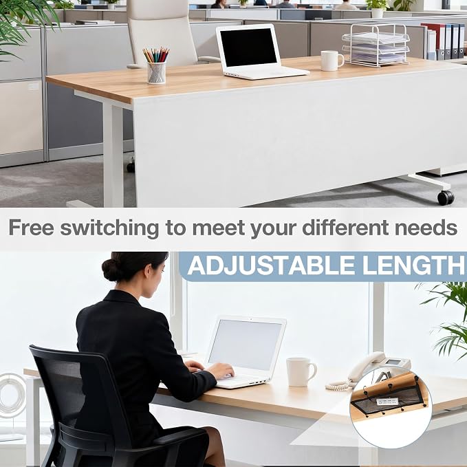 Tegeme 60'' Under Desk Privacy Panel with Cable Management Net Desk Skirt Self Adhesive Modesty Panel with Cord Organizer Pockets for Office Home Standing Workstation(White)