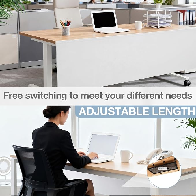 Tegeme 71'' Under Desk Privacy Panel with Cable Management Net Desk Skirt Self Adhesive Modesty Panel with Cord Organizer Pockets for Office Home Standing Workstation(White)