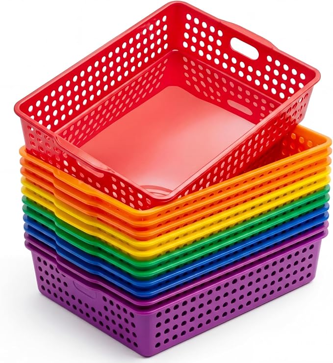 Geetery 12 Pack Classroom Storage Baskets with Handle 14''x10'' Paper Tray Holds A4 Turn in Trays Plastic Paper Baskets Desk Organizer Bin for Classroom, Library, Office, Home (Rainbow Color)