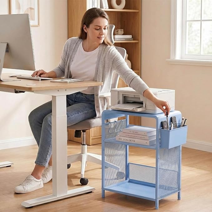 ECOLOVI 3 Tier Printer Stand for Under Desk, Height Adjustable Shelf Small Printer Table with 3 S-Hooks & Basket, Heavy Duty Industrial Storage Shelf for Home Office (Blue Metal)