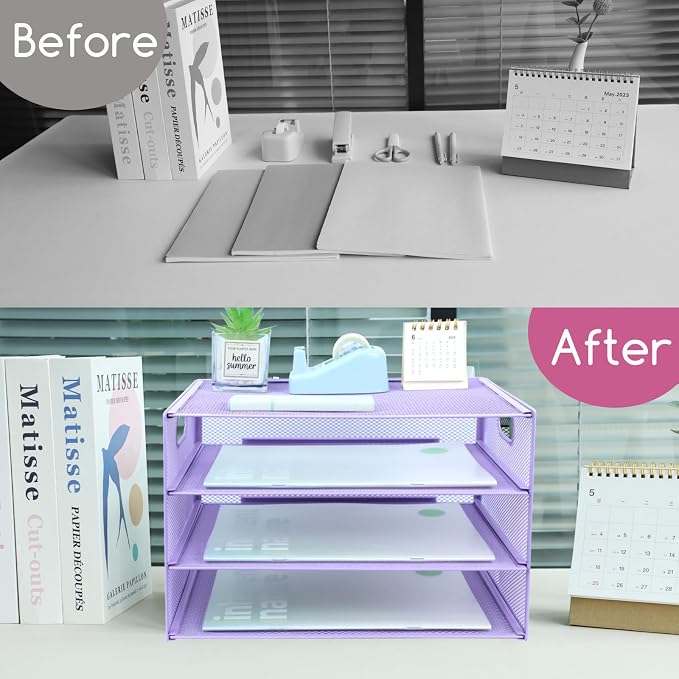 3 Tier Lettrer Tray Organizer, Metal Mesh Desk File Organizer with Sliding Trays, Paper Sorter Desk Organizer for Home Office School, Purple