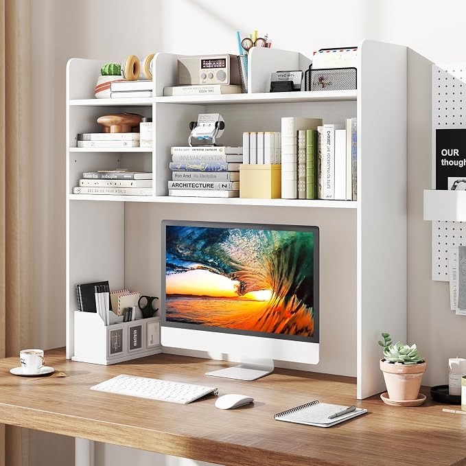 Giantex Desktop Bookshelf, 37" Desk Hutch Dorm for Computer Up to 32 Inch, Countertop Hutch w/6 Storage Shelves, 3-Tier Desktop Organizer Display Rack, Wood Desk Shelf for Home Office (White)