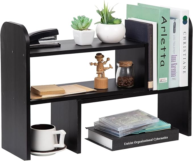 Desktop Adjustable Natural Wood Book Shelf Organizer Office Storage Rack Display Stand Caddy Set Expandable Desk Organizer (Black)