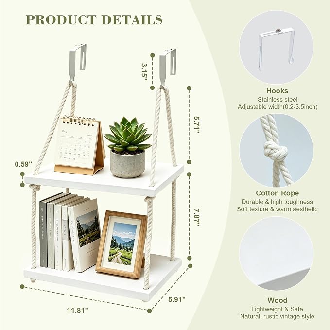2 Tier Cubicle Shelf Hanging - 11.8 Inch Office Cubicle Wall Shelf with Rope Adjustable Hooks, Office Desk Accessories for Office Decor, Organizer, Storage in Workspaces