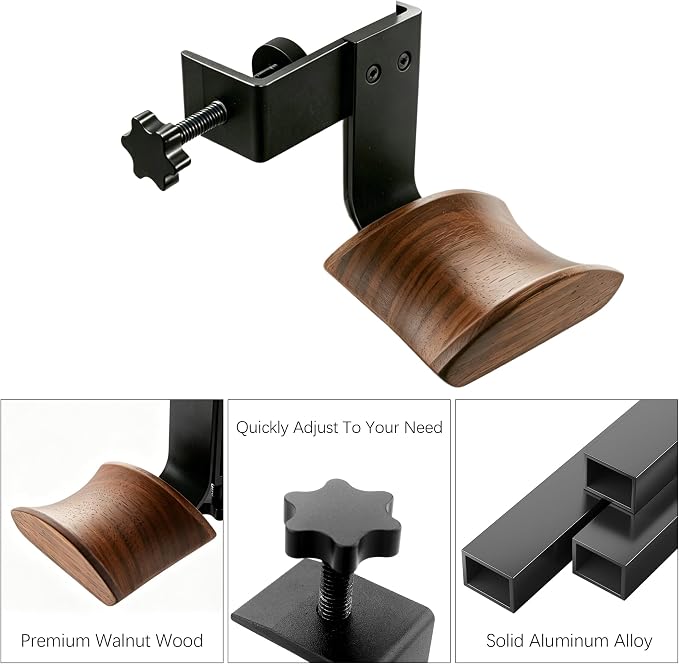 Headphone Holder Walnut Wood & Solid Metal Headset Hanger Stand for Desk Adjustable Design Ideal Headphone Stand for All Headphone Sizes