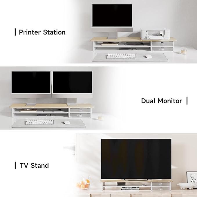 Fenge Monitor Stand, Dual Monitor Riser, 42.5inch Large Desk Computer Monitor Stand Riser with Drawer, 2 Tier Wood & Acrylic Desktop Organizer for Computer, Laptop, Printer, TV Screen Riser