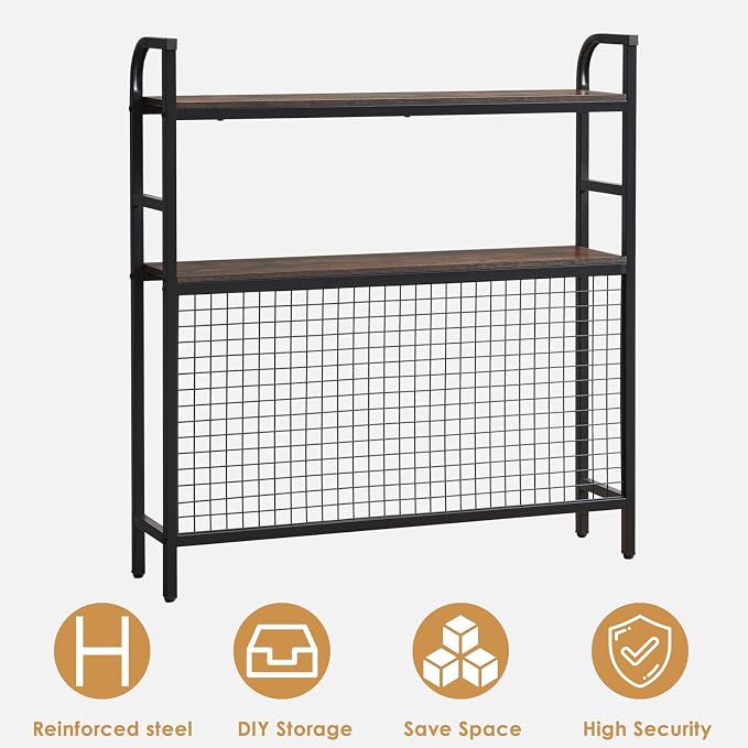 Desktop Hutch Shelf Organizer, 2-Tier Metal & MDF Desk Bookshelf with Grid Panel and Hooks for Office & Dorm (Rustic Brown, 36.8")