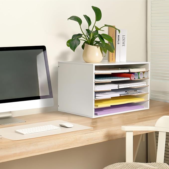 Yumkfoi 12x18 Construction Paper Organizer, Larger Size Wooden Literature Organizer, 6-Tier Desktop File Organizer for Home and Classroom, Adjustable Paper Sorter for Office